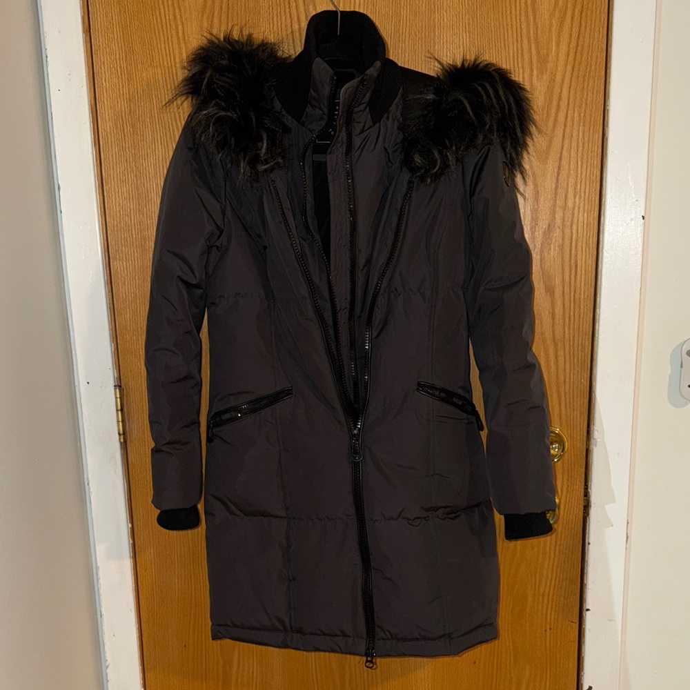 Women's Dark Grey Fur-Trimmed Coat